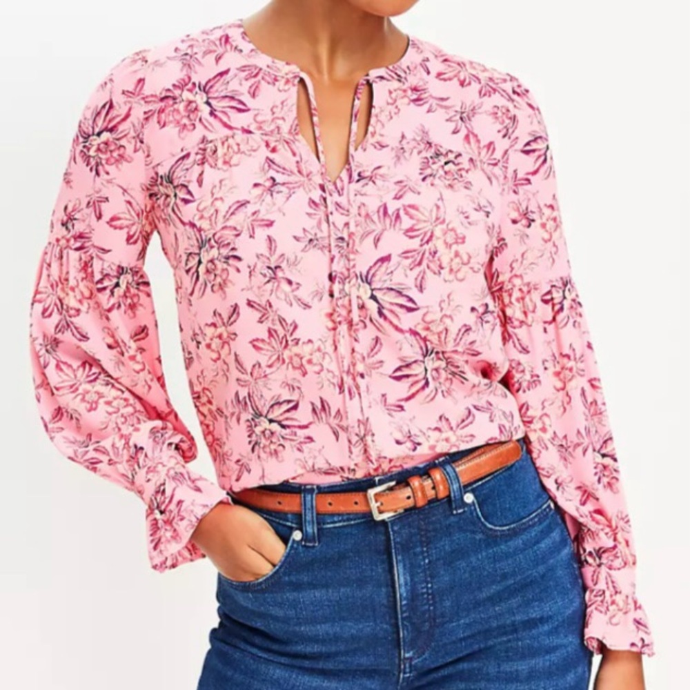 NWT LOFT Petite Vine Ruffle Cuff Tie Neck Blouse
